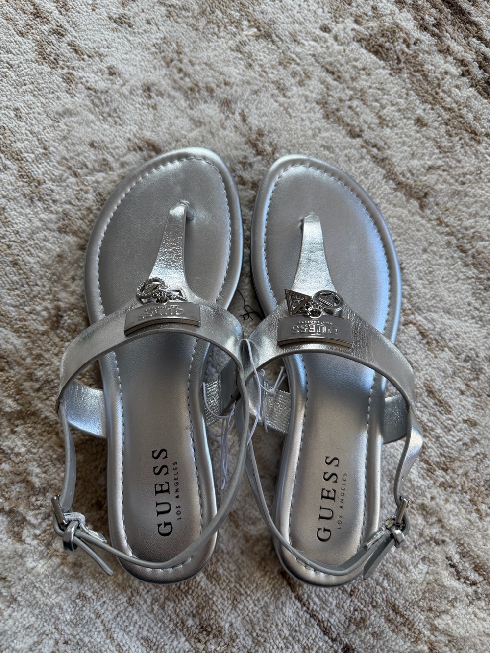 GUESS Silver T-Strap Sandals with Logo Accent
